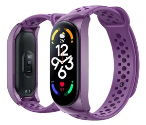 Purple breathable silicone replacement watch strap compatible with smart fitness bands