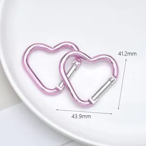 Pink heart-shaped metal carabiner keychain, cute alloy snap hook for DIY jewelry crafts.