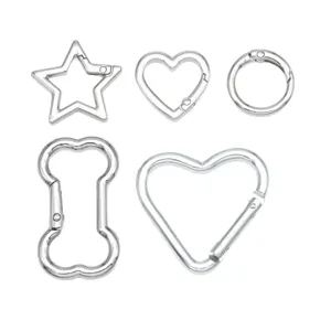 Silver metal spring gate rings set star heart round bone carabiners for DIY jewelry making