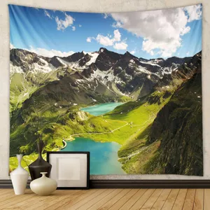 Scenic mountain lake wall hanging tapestry, beautiful nature landscape fabric decor for room.