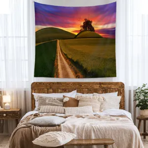 Polyester Landscape Tapestry Sunset Glow Nature Scenery Wall Hanging Beautiful Countryside Road Fabric Backdrop Carpet For Bedroom Living Room Room Decor