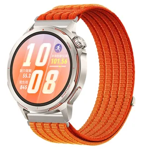 Detailed close-up of vibrant orange woven nylon watch loop band with breathable textured fabric.