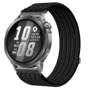 Detailed view of the sport smartwatch featuring a durable black woven loop band and grey case.