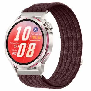 Woven nylon loop strap for Huawei Watch GT Runner, breathable replacement band, silver metal.