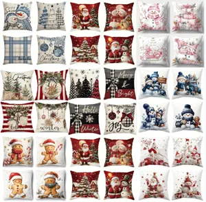 Christmas pillow covers set featuring cute snowmen Santa Claus trees print for home decor.