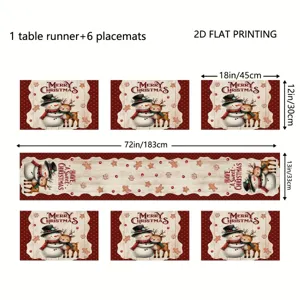 Linen Christmas Table Runner And Placemats Set Snowman Elk Pattern Printed Holiday Tablecloth Decoration For Dining Room Kitchen Home Decor