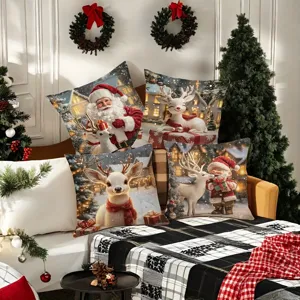 Christmas throw pillow covers set featuring cute elk, Santa Claus and festive winter snow.