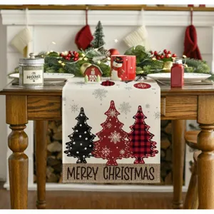 Corsia da tavolo di Natale in lino decorazione festiva con alberi a quadretti