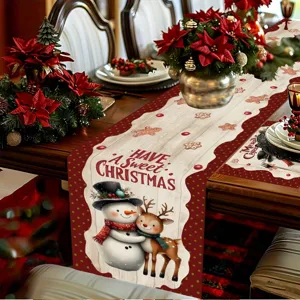 Christmas table runner and placemat set with cute snowman and reindeer print for holiday decor.