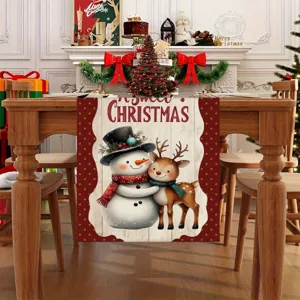 Festive Christmas table runner with cute snowman and reindeer graphic for holiday dining room decor.