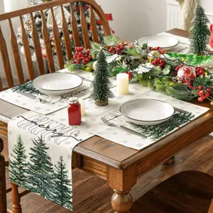 Christmas table runner and placemat set, festive pine tree and snowflake design fabric mats.