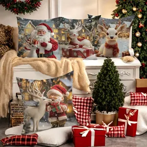 Christmas pillow cover with cute deer and santa design, ideal for sofa and living room decor.