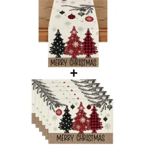Runner da Tavolo E Tovagliette In Lino Stampato Di Natale Albero Quadretti Fiocco Tovaglia Per Decorazione Tavolo Festa