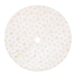 White Christmas tree skirt with gold glitter snowflakes, perfect holiday party decoration.
