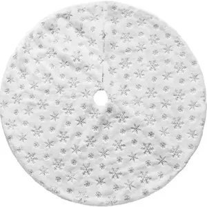 White plush Christmas tree skirt with silver snowflake sequins for holiday party decor.