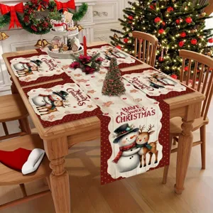 Christmas linen placemat and table runner set featuring cute snowman and reindeer holiday prints.