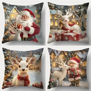 Christmas decorative throw pillow covers set featuring festive Santa and cute reindeer.