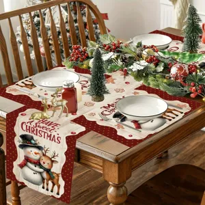 Christmas table runner and placemats set with cute snowman and reindeer holiday festive decor.