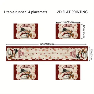 Christmas Snowman Reindeer Table Runner and Placemats Set Linen Holiday Dining Decor