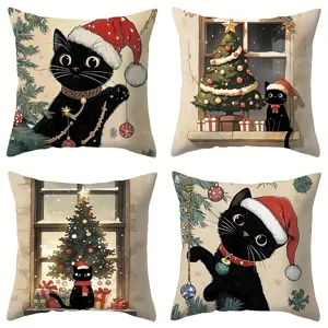 Christmas black cat cushion cover set, cute holiday decorative pillowcase for sofa bedroom.