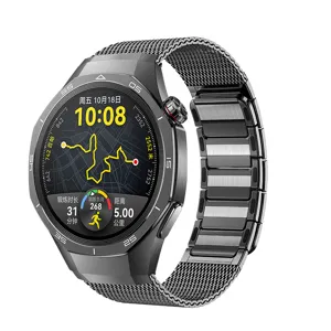 Nahaufnahme Detail des Premium Edelstahl Smartwatch Armbands mit magnetischem Mesh-Design.