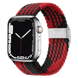 Bracelet montre nylon tressé avec boucle métal, sangle rouge et noire pour montre connectée.