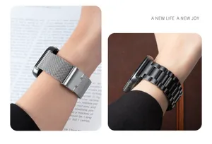 Stainless steel metal watch bands detail shot, compatible with smartwatch Milanese strap.