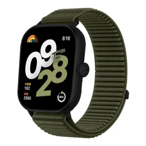 Detailed view of the woven nylon watch strap and smartwatch showcase green alpine loop band.