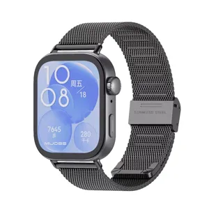 Stainless steel Milanese watch strap compatible with smartwatch, black metal mesh wristband.