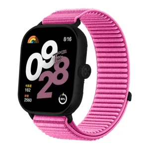 Pink woven watch strap detail view, breathable textured replacement band for smart watch.