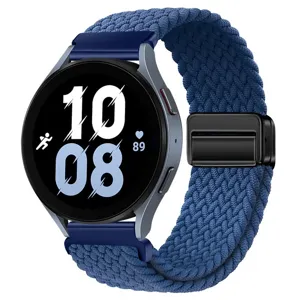 Blauwe nylon gevlochten smartwatch vervangende band met magnetische gesp, compatibel met modellen.