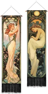 Tenture murale style Art Nouveau déesse avec des franges noires pour la décoration de la maison.