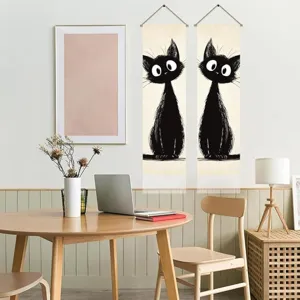 Cartoon Black Cat Wall Hanging Tapestry Cotton Linen Printed Scroll Painting With Tassel For Bedroom Living Room Decor