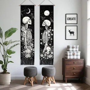 Gothic skeleton wall tapestry black and white hanging banner for Halloween party room decor