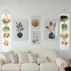 Nordic Vintage Cat and Plant Garden Tapestry Cotton Linen Watercolor Illustration Wall Hanging Scroll Picture with Tassel for Home Dining Room Decor