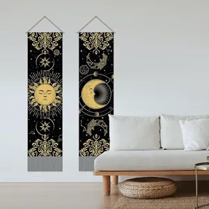 Mystical Astrology Cotton Linen Tapestry Retro Black Gold Sun Moon Wall Hanging Hanging Painting Banner With Tassels For Living Room Bedroom Home Decor