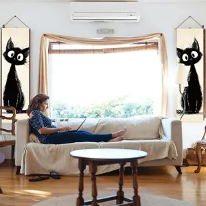 Cartoon black cat wall hanging tapestry cotton linen tassel for bedroom living room home decor details
