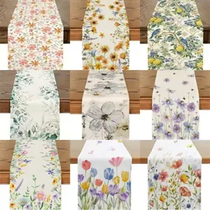 Pastoral Linen Table Runner Watercolor Floral Print Tablecloth Heat Insulation Mat Home Dining Party Decor Table Runner