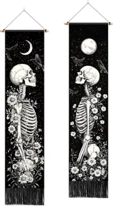 Detailed view of Halloween gothic skeleton wall tapestry with moon and flower illustration.