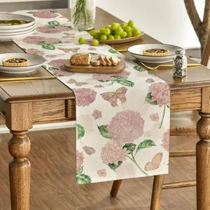 Elegant floral and butterfly linen table runner for dining room home decor and party settings.