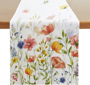 Watercolor floral linen table runner spring summer dining table decoration home party style.