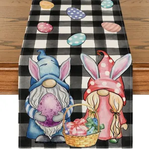 Easter table runner linen buffalo plaid gnomes colorful eggs bunny ears home decor detail view