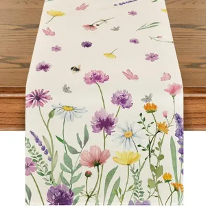 Watercolor floral linen table runner detail, elegant spring summer wildflower decor for dining table.