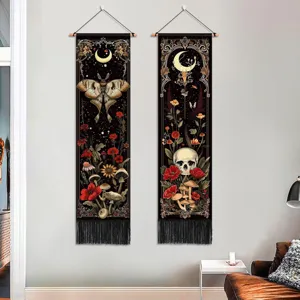 Tapisserie en Polyester Gothique Sombre Mysticisme Avec Tige Suspendue en Bois Franges Noires Glands Phase de Lune Papillon Crâne Couverture Murale pour Décoration Chambre Maison