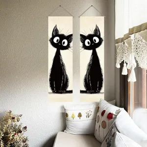 Cartoon black cat linen hanging tapestry, vertical wall art scroll for bedroom and living room decor.