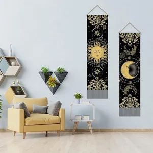 Black sun and moon tapestry wall hanging aesthetic celestial fabric decor for bedroom living room.