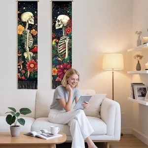Halloween skeleton tapestry wall hanging floral botanical decor gothic home interior art piece