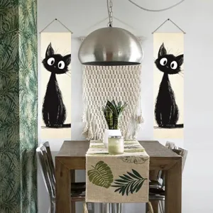 Cartoon black cat long hanging painting cotton linen tassel tapestry for bedroom living room decor