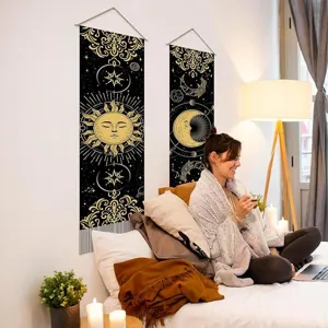 Black and gold sun moon tapestry wall hanging for bedroom aesthetic home decor boho art.