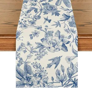 Blue and white floral table runner bird botanical print linen dining table decoration pad